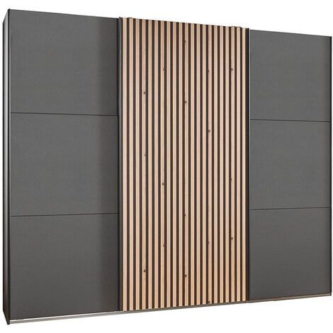 Pegane – Armoire coulissante graphite imitation chêne Artisan – Longueur 250 cm x Hauteur 216 cm x Profondeur 65 cm – Panneaux mélaminés