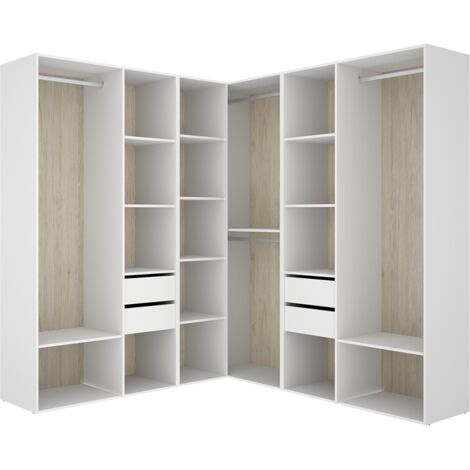 Pegane – Armoire d’angle dressing ouverte 4 penderies 4 tiroirs – Dimensions 204,5 x 182,4 x 186,3 cm – Mélamine blanc/naturel