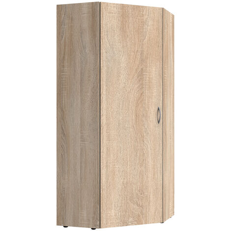 Pegane – Armoire d'angle imitation chêne – 5 tablettes – Longueur 80 cm – Hauteur 185 cm – Profondeur 80 cm – Panneaux de particules mélaminés
