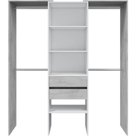 Pegane – Armoire de rangement dressing en bois blanc mat et gris ciment – Dimensions 202 x 179 x 50 cm – 4 étagères et 2 tiroirs avec rails métalliques