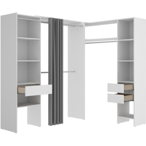 Pegane – Armoire dressing d'angle extensible en bois mélaminé blanc – Longueur 164-214 cm – Profondeur 141 cm – Hauteur 205 cm – 3 tiroirs et étagères