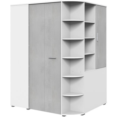 Pegane – Armoire dressing placard blanc avec rechampis béton gris clair – Longueur 124 cm x Hauteur 199 cm x Profondeur 148 cm – Panneaux mélaminés