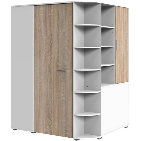 Pegane – Armoire dressing placard blanc avec rechampis imitation chêne – Longueur 124 cm x Hauteur 199 cm x Profondeur 148 cm – Panneaux de particules mélaminés