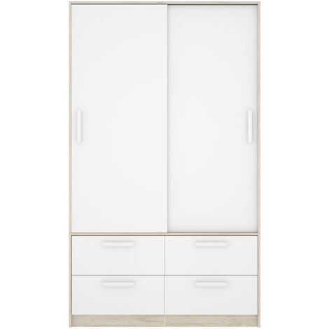 Pegane – Armoire en bois mélaminé 2 portes coulissantes 4 tiroirs – Coloris chêne naturel et blanc – Dimensions 120x60x204 cm