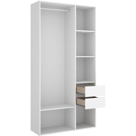 Pegane – Armoire en bois mélaminé chêne naturel et blanc – 2 tiroirs – Longueur 98 cm x Profondeur 45 cm x Hauteur 205 cm – Étagères intérieures