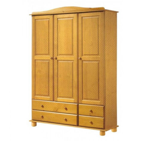 Pegane – Armoire en pin massif miel avec 3 portes et 4 tiroirs – Dimensions 130x52x197 cm – Style provençal élégant pour rangement optimal