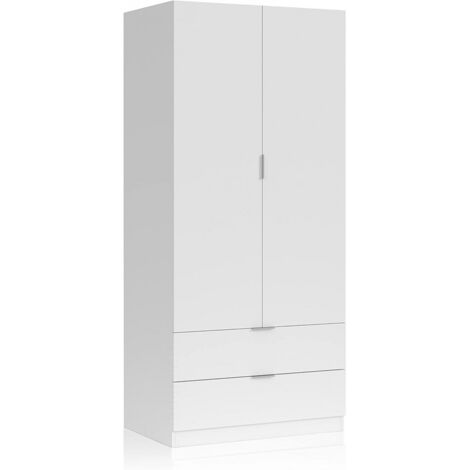 Pegane – Armoire enfant 2 portes et 2 tiroirs en MDF blanc – Dimensions 180 x 81 x 52 cm – Penderie et tiroirs coulissants en aluminium