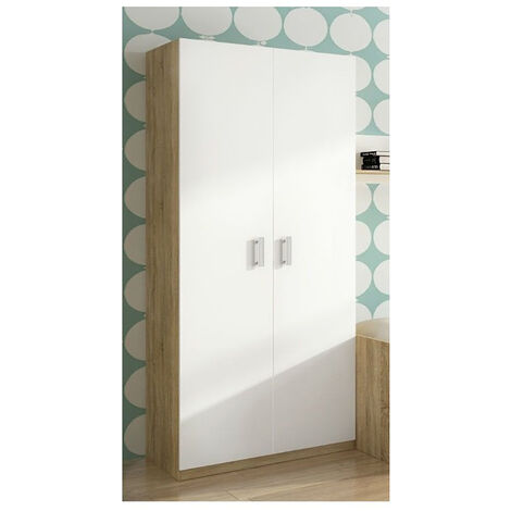 Pegane – Armoire penderie 2 portes chêne cambrian/blanc – Dimensions 90x50x199,4 cm – Panneaux de particules mélaminés – 1 étagère, 1 rail de suspension