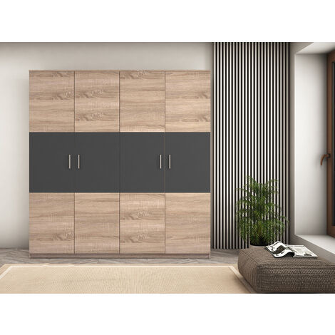 Pegane – Armoire penderie chêne cambrian/graphite – Dimensions 200 x 56 x 206 cm – 4 portes avec 2 rails de suspension – Panneau de particule mélaminé
