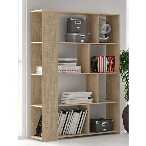 Pegane – Bibliothèque chêne cambrian effet textile – 8 étagères – Dimensions 129x32.8x174 cm – Panneau de particule mélaminé