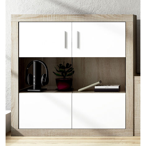 Pegane – Buffet 2 portes en panneau mélaminé chêne cambrian et blanc – Dimensions 110x34,6x110 cm – Meuble de rangement élégant