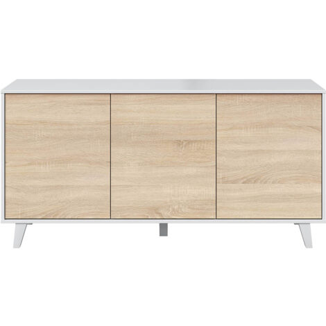 Pegane – Buffet blanc brillant 3 portes en chêne – Dimensions L 154 x P 41 x H 75 cm – Panneaux mélaminés modernes pour intérieur élégant