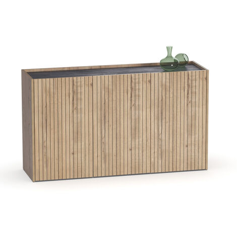 Pegane – Buffet commode de salon chêne doré – Dimensions 140x40x80 cm – Panneaux de particules et mélamine haute densité – 2 portes réversibles