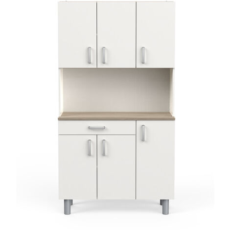 Pegane – Buffet de cuisine chêne kronberg blanc mat – Longueur 100,8 cm – Hauteur 185,5 cm – Profondeur 42,3 cm – 6 portes et 1 tiroir modulables