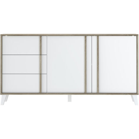 Pegane – Buffet en mélamine chêne et blanc – Dimensions 160 x 45 x 82 cm – Facile d'entretien – Meuble de rangement moderne