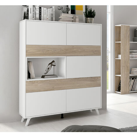 Pegane – Buffet haut en panneau mélaminé blanc/chêne – Dimensions 120.9x39.6x156 cm – 5 portes à ouverture push – Rangement esthétique