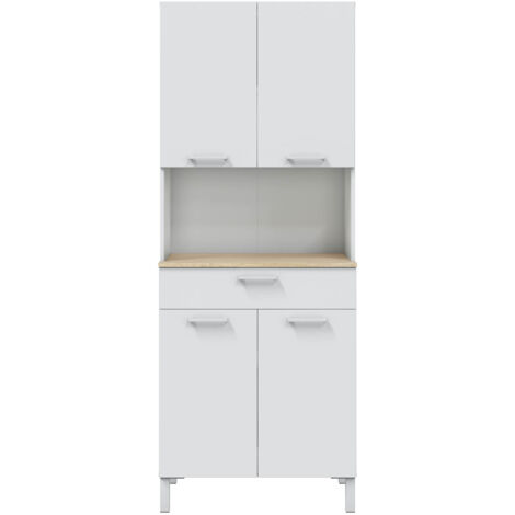 Pegane – Buffet meuble cuisine 4 portes avec tiroir – Coloris blanc artic et chêne canadien – Dimensions 186 x 72 x 40 cm – Fabriqué en aggloméré haute densité
