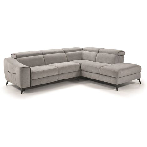 Pegane – Canapé d'angle relax électrique avec coffre – Couleur gris clair – Dimensions L 364 x P 309 x H 78/98 cm – Mécanisme électrique avec bouton latéral