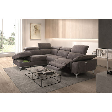 Pegane – Canapé d'angle relax électrique avec coffre – Gris foncé gauche – Longueur 273 cm x Profondeur 212 cm x Hauteur 78/99 cm – Armature bois massif