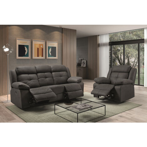 Pegane – Canapé relax 3 places – 2 relax manuel – Tissu New Nobuck gris foncé – Dimensions L 217 x P 90 x H 104 cm – Assise ressorts ensachés