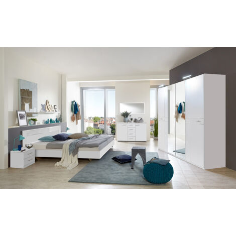Pegane – Chambre complète adulte avec lit 180 x 200 cm – Armoire et 2 tables de chevet – Panneaux mélaminés blancs – Dimensions optimisées