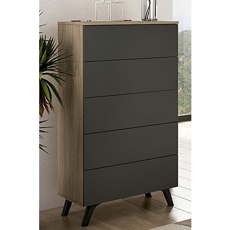 Pegane – Chiffonnier en panneau de particule mélaminé chêne cambrian/graphite – 5 tiroirs spacieux – Dimensions 60x37.8x118.5 cm