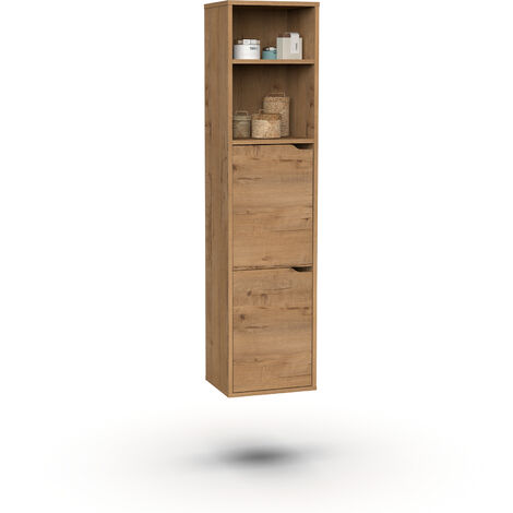 Pegane – Colonne de salle de bain chêne doré – Hauteur 150 cm – Longueur 36 cm – Profondeur 30 cm – 2 portes – 2 étagères réglables
