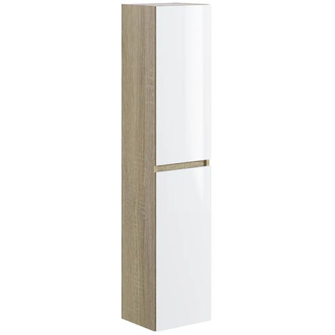 Pegane – Colonne de salle de bain en mélamine blanc et chêne – Dimensions 30x27x140 cm – Installation murale pour rangement optimisé