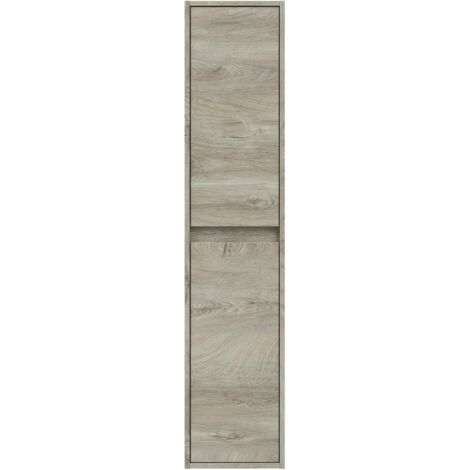 Pegane – Colonne de salle de bain suspendue 2 portes alaska chêne nordic – Dimensions 140 x 30 x 26 cm – Panneau aggloméré haute densité – Fixation murale incluse