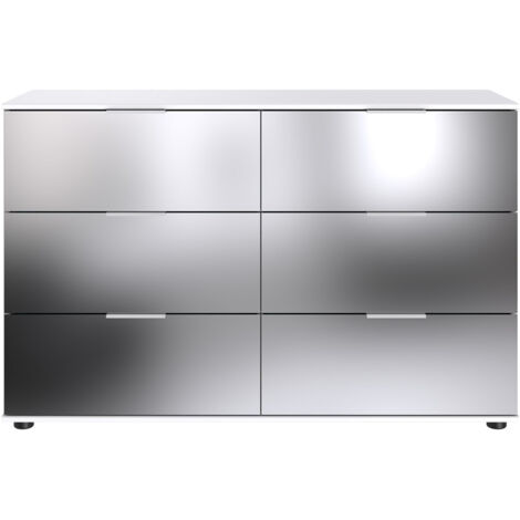 Pegane – Commode à tiroirs blanche 130x83x41 cm – Panneaux mélaminés et verre – 6 tiroirs pour rangement optimisé