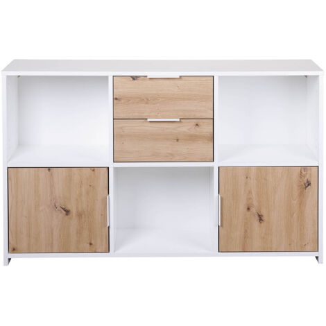 Pegane – Commode chêne Artisan et blanc avec 2 portes et 2 tiroirs – Dimensions 120 x 30 x 77 cm – Panneau de particules durable