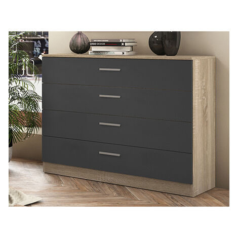 Pegane – Commode en panneau de particule mélaminé chêne cambrian et graphite – 4 tiroirs – Dimensions 100 x 40 x 84 cm – Meuble de rangement moderne
