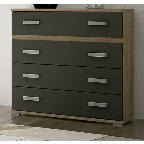 Pegane – Commode en panneau de particule mélaminé chêne cambrian/graphite – 4 tiroirs – Longueur 89 cm x Profondeur 39.6 cm x Hauteur 89.6 cm