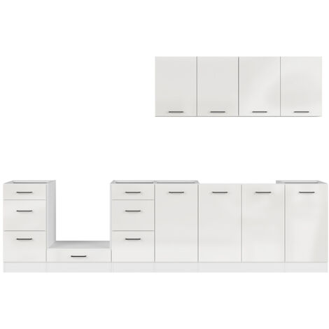 Pegane – Cuisine complète 300 cm – Ensemble de meubles de cuisine blanc/craie brillant – Armoires basses et hautes incluses – Rangement fonctionnel