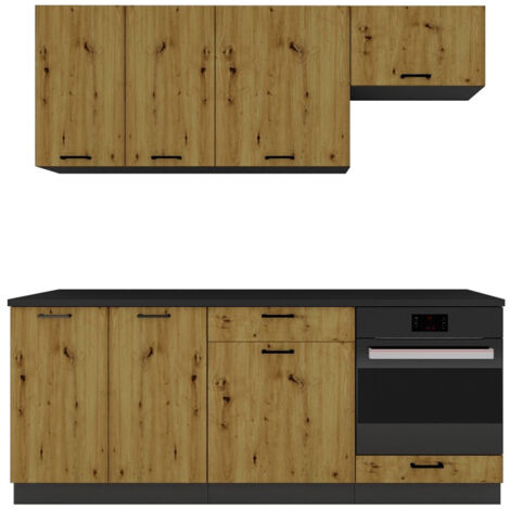 Pegane – Cuisine complète 6 éléments couleur chêne artisan – Meuble sous évier L 80 cm – Meuble bas pour four L 60 cm – Dimensions 200 cm