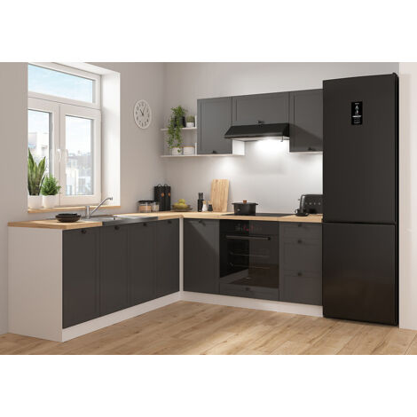 Pegane – Cuisine complète d'angle 200x220 cm – Meubles modulables gris graphite et blanc – Armoires basses et hautes – Éclairage LED inclus