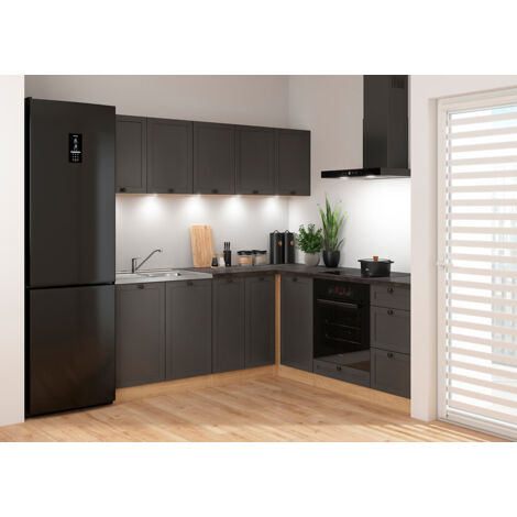 Pegane – Cuisine d'angle complète 200x200 cm – Meubles modulables gris graphite/Chêne bernstein – Plan de travail noir inclus – Armoires basses et hautes