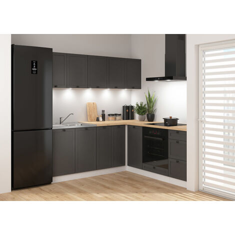 Pegane – Cuisine d'angle complète 200x200 cm – Meubles modulables gris graphite et blanc – Plan de travail chêne doré inclus – Armoires basses et hautes