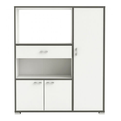 Pegane – Desserte de cuisine blanche et grise – Dimensions 90 x 111,8 x 40 cm – 1 tiroir coulissant – Niche micro-ondes et 2 portes avec rayons réglables