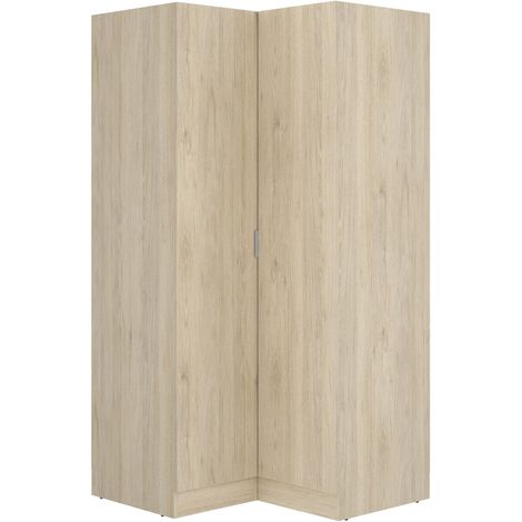 Pegane – Dressing d'angle en panneaux de particules mélaminés chêne – Longueur 90.5 cm, profondeur 92.5 cm, hauteur 184.2 cm – 2 barres de suspension aluminium