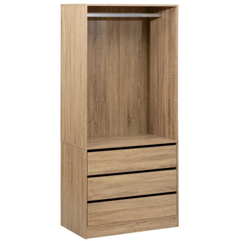 Pegane – Dressing penderie 3 tiroirs en bois naturel – Longueur 80 cm – Profondeur 48 cm – Hauteur 180 cm – Rails améliorés pour robustesse