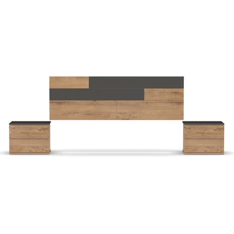 Pegane – Ensemble 2 tables de chevet avec tête de lit chêne doré/gris – 2 tiroirs – Panneaux de particules haute densité – Dimensions 105x212x36 cm