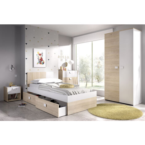 Pegane – Ensemble chambre à coucher complète – Lit adulte 190x90 cm avec 2 tiroirs – Table de chevet, armoire, commode en bois mélaminé blanc et chêne naturel