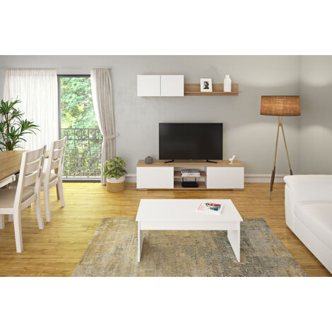 Pegane – Ensemble de meubles de salon chêne blanc – Meuble bas 180x40x41,5 cm – Meuble haut 80x30x36 cm – Panneaux mélamine haute densité