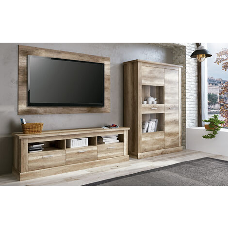 Pegane – Ensemble de meubles de salon meuble TV et vitrine basse en chêne vieilli – Dimensions meuble TV 180x41.8x56.6cm – Panneau TV 160x19.2x100cm