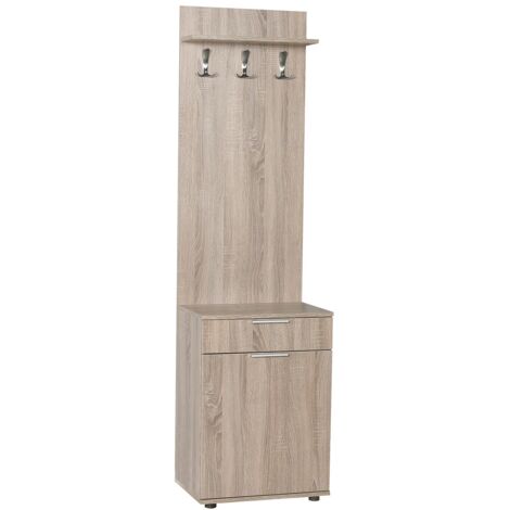 Pegane – Meuble d'entrée banc vestiaire en bois chêne – 1 porte, 1 tiroir – Dimensions 52x36x187 cm – Panneaux de particules mélaminés