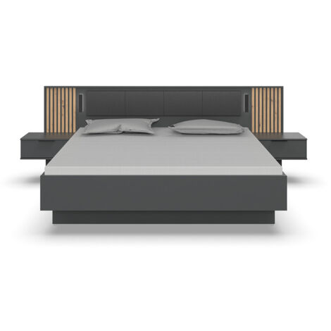 Pegane – Lit adulte double 180 x 200 cm – 2 chevets graphite – Panneaux mélaminés imitation chêne – Longueur 301 cm x Hauteur 104 cm x Profondeur 210 cm