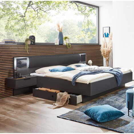 Pegane – Lit adulte double King Size 180 x 200 cm – 2 chevets avec tiroirs – Panneaux de particules gris graphite – Dimensions 289 x 210 x 92 cm