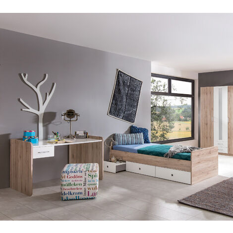 Pegane – Lit enfant compact avec bureau réglable en hauteur – Coloris imitation chêne San Remo – 2 tiroirs et chevet à positionnement variable
