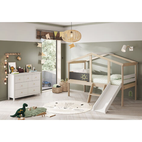 Pegane – Lit enfant Tobogan en pin et MDF blanc, gris anthracite – Longueur 204,9 cm, profondeur 187,3 cm, hauteur 147 cm – Chambre d'enfant complète